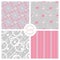 Four seamless patterns. Romantic gentle pink and gray backgrounds. Rabbits, flowers, leaves, lines and circles