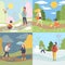 Four Seasons Set, Winter, Spring, Summer and Autumn, People Enjoying Different Weather in Nature Vector Illustration