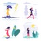 Four seasons. Woman various weather illustration. Vector autumn summer winter spring concept with flat girl