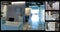 Four security camera views of business offices, cafe, corridor and stairway interiors, slow motion