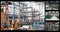 Four security camera views of industrial warehouse and factory interiors, slow motion