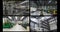 Four security camera views of industrial warehouse and factory interiors, slow motion