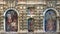 Four of several frescoes by Diego Esquivel in the textured wall behind the Mercury pond in the gardens of Real Alcazar in Seville.