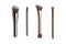 Four shiny bronze- and silver-coloured makeup brushes for applying powder, eyeshadow, eyeliner, bronzer and highlighter