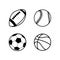 Four simple black icons of balls for rugby, soccer, basketball and baseball sport games, isolated on white