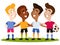 Four smiling multicultural cartoon soccer player friends