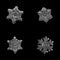 Four snowflakes isolated on black background