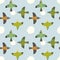 Four species of parakeets in the sky whimsical folk art style seamless surface design pattern