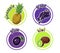 Four stickers with different fruits. Pineapple, grape, plum and kiwi.
