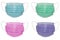 Four surgical masks of different colours, with rubber ear straps. Typical 3-ply surgical mask to cover the mouth and nose.
