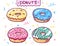 Four sweet donuts. Colorful pink, green, yellow and blue creamy. Cartoon style. Vector illustration.