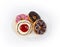 Four sweet donuts on plate on white background