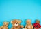four teddy bears on a blue background, friendship concept