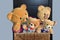 Four teddy bears sitting in sisal box