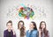Four teen girls thinking together, cog brain