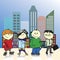 Four teenage boy on a background of the city, vector illustratio