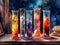 Four test tubes filled with different colored liquids, a watercolor painting. AI generated