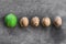 Four textured peeled walnuts and one green lie a line