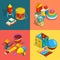 Four thematic groups of preschool children toys. Vector isometric illustrations