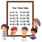 Four Times Table with many kids cartoon character