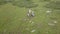 Four tourists sitting on a big green glade at the foot of the high rocky mountain to shoot a video with a drone flying away from t