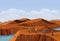 Four tourists are walking on the desert mountain. There are brown mountains and cubes in the background.