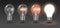 Four transparent light bulbs, one of which is off, while the others are lit with different brightness on a light background.