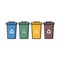 Four trash cans with recycleable symbols on them. Generative AI image.