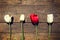 Four tulips on a rustic wooden table