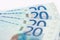 Four twenty Euro banknotes close up