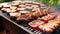 Four types of meat being barbecue on square BBQ grill.