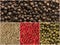 Four variations of peppercorns. Collage of various spices