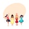 Four various girls in colorful dresses having fun at birthday party