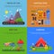 Four vector illustrations set of outdoor activities. Summer camping, climbing, hiking and road travel