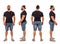 Four views of bodybuilder: back, front, sides