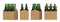 Four views of a six pack of green beer bottles in cardboard box. 3D render, isolated on white background.