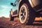 Four wheel drive SUV is driving in desert. Generative AI