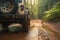 Four wheel drive SUV is driving on muddy road in jungle. Generative AI