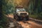 Four wheel drive SUV is driving on muddy road in jungle. Generative AI