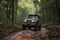 Four wheel drive SUV is driving on muddy road in jungle. Generative AI