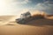 Four-wheel drive vehicle jump over sand dunes. Concept sense of adventure and excitement. Generative AI