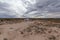 Four wheel drive vehicle and large caravan parked on an outback track.