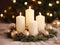 Four white Advent candles within lush evergreen branches. Christmas time, Advent season. Flickering flames cast soft, inviting