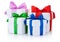 Four White boxs tied with colored satin ribbons bow Isolated