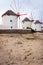 Four windmills in Chora Mykonos Greece