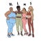 Four women in tracksuits, different shapes, skin tones and hair color. The concept of body positivity and diversity