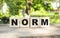 Four wooden blocks lie on a wooden table against the backdrop of a summer garden and create the word NORM.