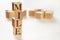 Four wooden cubes arranged in stack with word MILE meaning Maximum Impact Little Effort on them, space for text / image at down