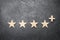 four wooden stars and a plus, on a concrete gray background. The concept of the highest evaluation of quality and service.