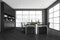 Four workspaces arranged in pairs in dark grey panoramic office